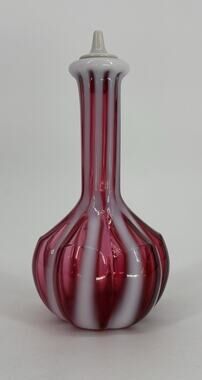 Vtg Fenton Cranberry Opalescent Glass Barber Bottle Striped Optic Rib W/Stopper